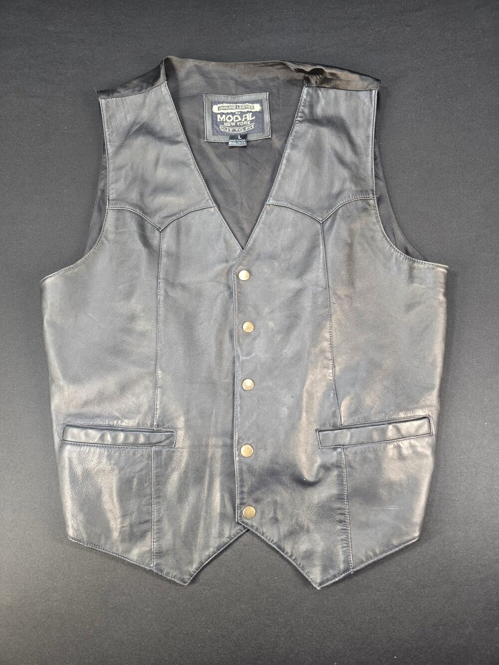Modal New York Genuine Leather Vest Men's Large Black Western‎ Biker Snap Front